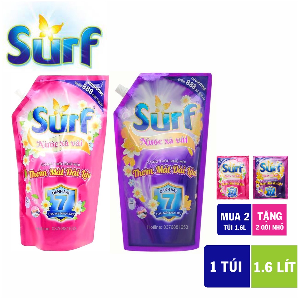 Nước xả vải Surf túi vòi 1.6 Lít/ túi hương lan tỏa hồng và lôi cuốn tím