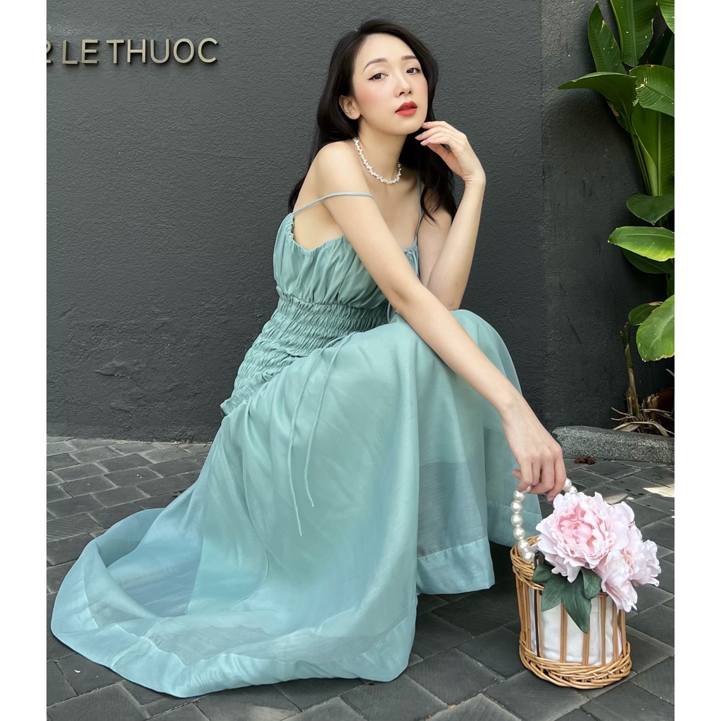 KIOBI - Đầm Moonlight form midi 2 dây ôm ngực, hạ eo nhún thun smocking, tùng xòe, vải organza tơ minty - KID225169XM