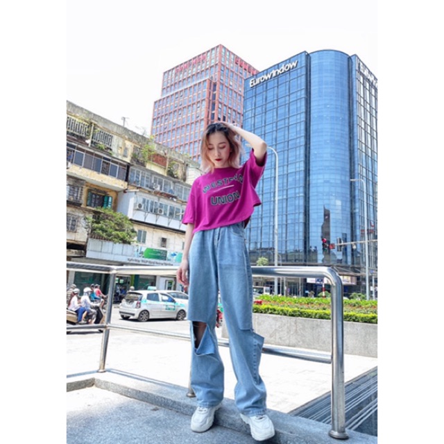 Quần jeans ống rộng Minion Clothing rách, lưng cạp cao, dáng Unisex, phong cách Ulzzang Streetwear Q033