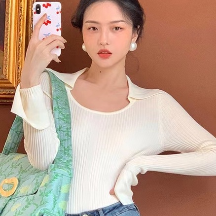 【ZHELIHANGFEI】Áo Dệt Kim Cổ POLO Tay Loe Ôm Dáng Phong Cách Sang Trọng Cho Nữ