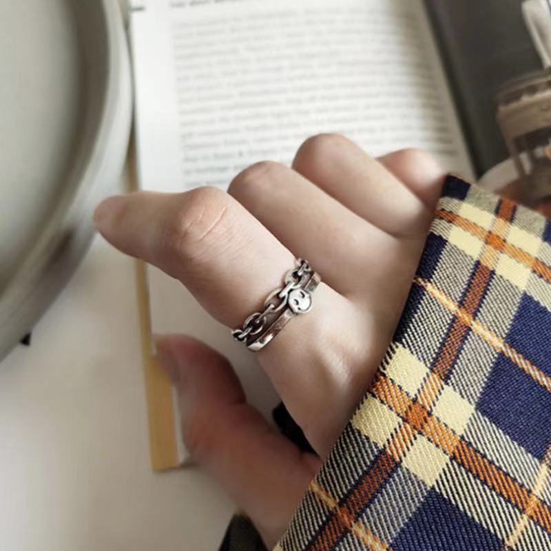 Nhẫn hở mạ bạc hai lớp điều chỉnh được hình biểu tượng cảm xúc mặt cười thời trang cổ điển dành cho nam và nữ