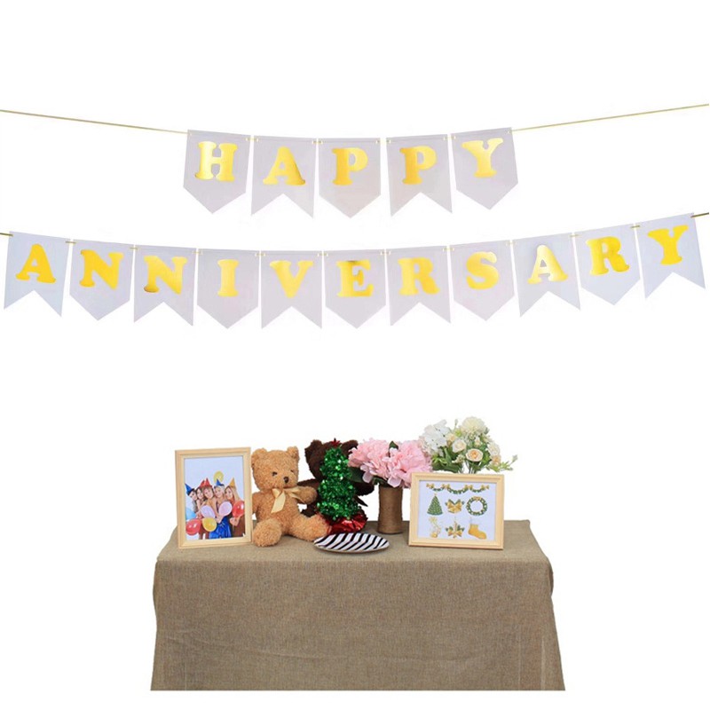 Banner kiểu chữ Happy Anniversary màu vàng nền trắng trang trí tiệc