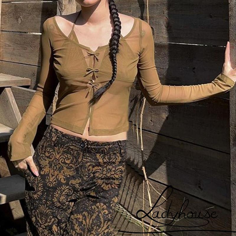 Áo Croptop Tay Dài Dáng Ôm Màu Trơn Xuyên Thấu Đính Nơ Thời Trang Thu Đông Cho Nữ