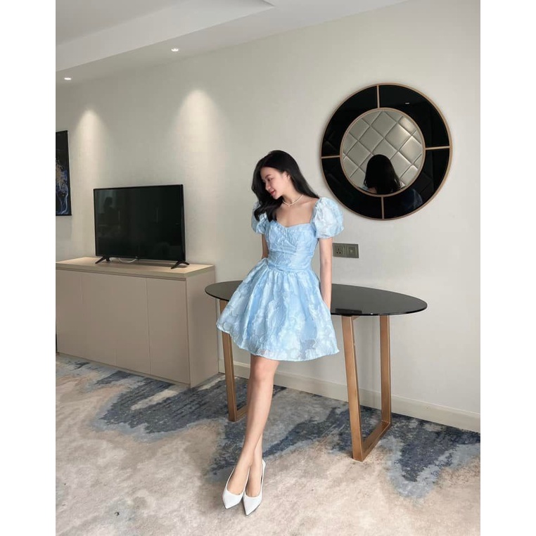 [HÀNG THIẾT KẾ CAO CẤP] Đầm Xòe Tay Phồng Thêu Hoa Đi Biển / Đi Tiệc Sang Trọng Màu Xanh Pastel Form Ngắn