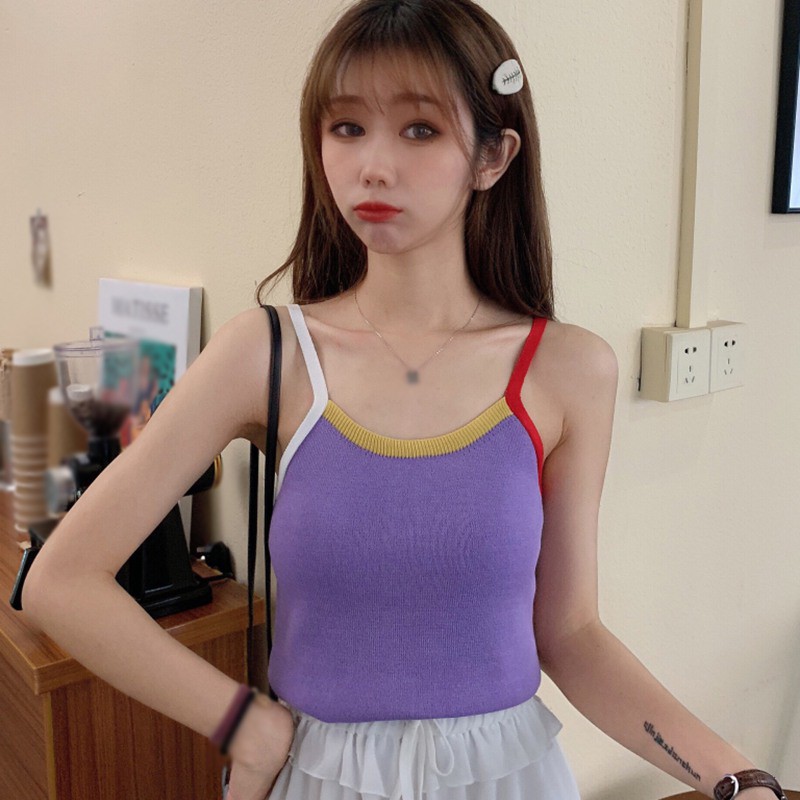 Áo Hai Dây Dệt Kim Phối Màu Tương Phản Quyến Rũ Cho Nữ