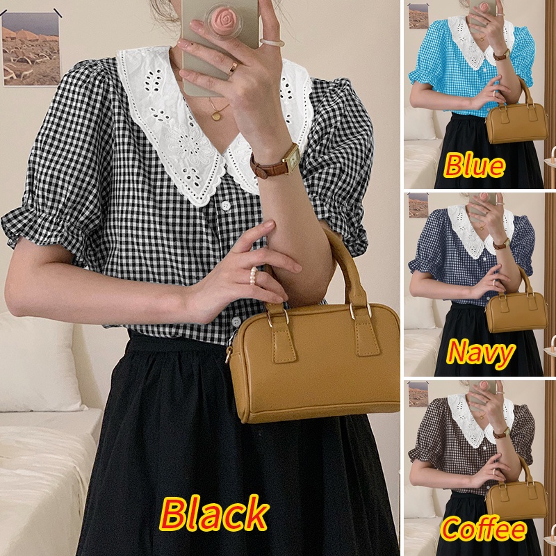 Áo kiểu ZANZEA tay phồng cổ bẻ họa tiết sọc caro phong cách đường phố thời trang cho nữ