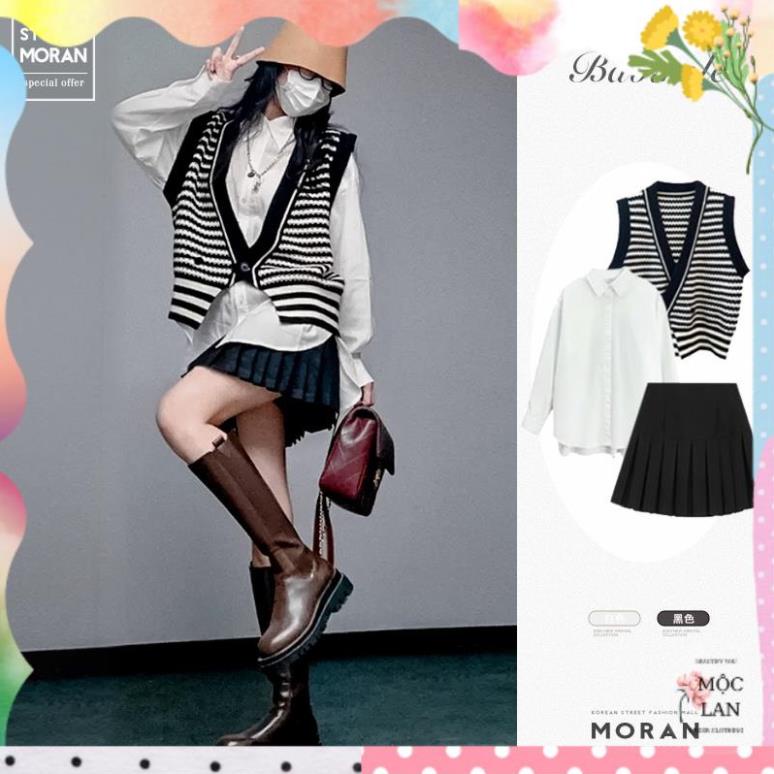 (ORDER) Áo vest len gile MORAN cổ V rộng cài 2 khuy kẻ sọc ngang đen trắng style retro Hàn Quốc (hàng mới về)