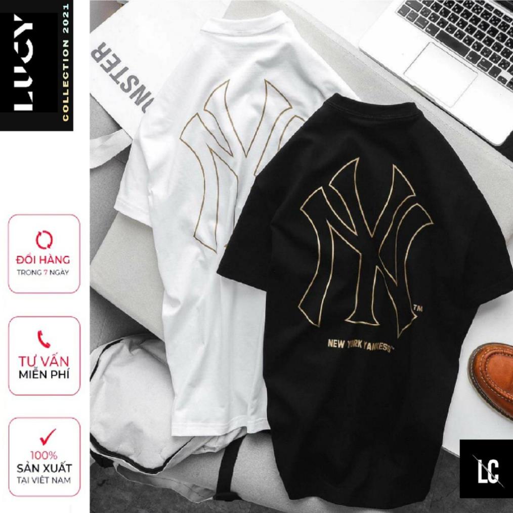 Áo thun tay lỡ Nữ Nam in nhiệt NY nhũ vàng Cotton 4 Chiều