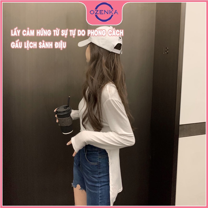 Áo thun croptop kiểu lệch gấu nữ OZENKA , áo crt tay dài phom rộng cottong 100% màu đen trắng mặc đi học đi chơi