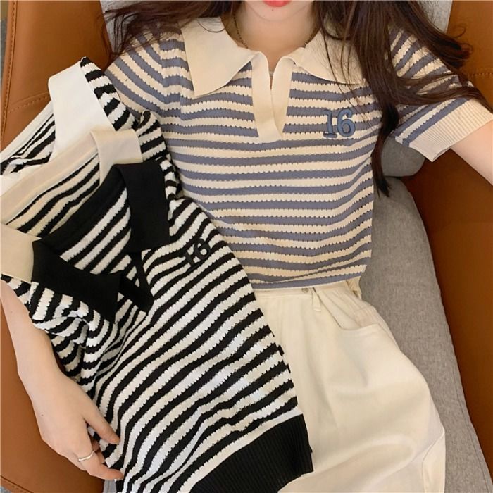Áo Thun polo Dệt Kim Tay Ngắn Dáng Ôm Thêu Họa Tiết Kẻ Sọc Thời Trang Xinh Xắn Cho Nữ