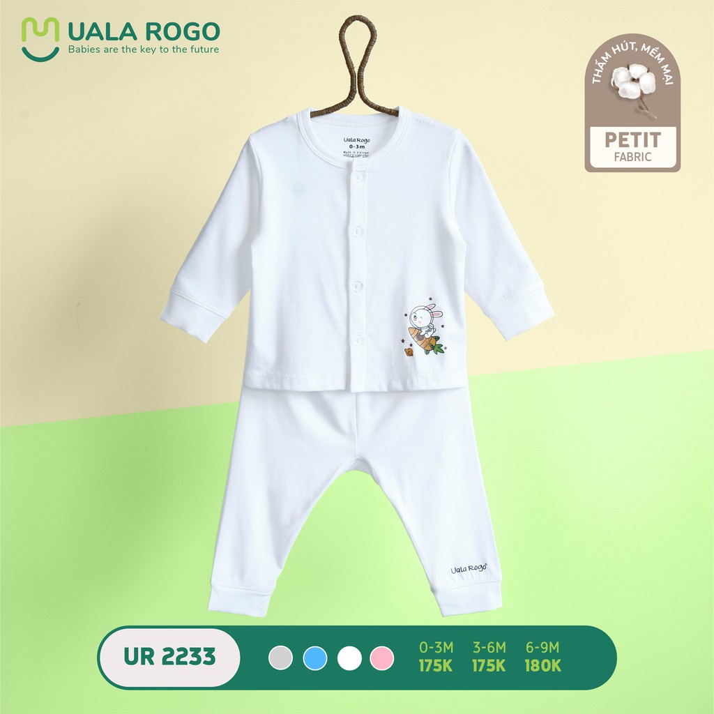 Quần áo sơ sinh Uala rogo 0-9 tháng vải Petit Fabric mềm thấm hút co giãn cúc Cài Giữa dài tay in hình Ur2233