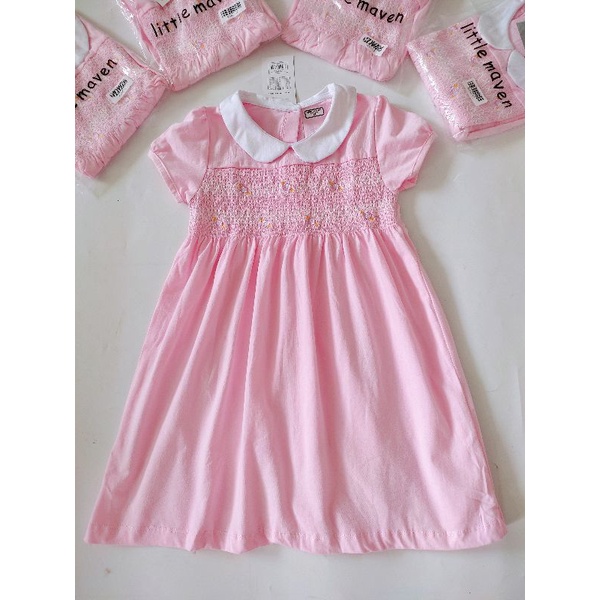 Đầm hồng, cổ sen trắng thun cotton Littte Maven cho bé