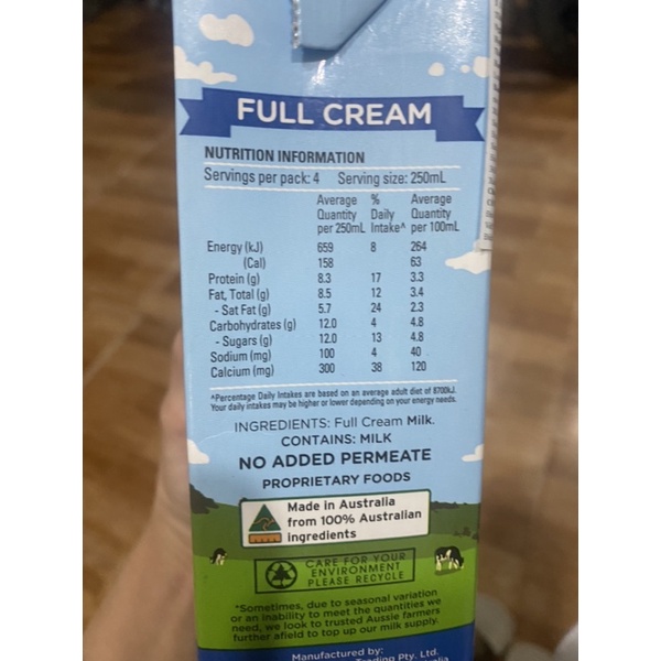 Sữa tươi Autralia's Nguyên kem 1lít