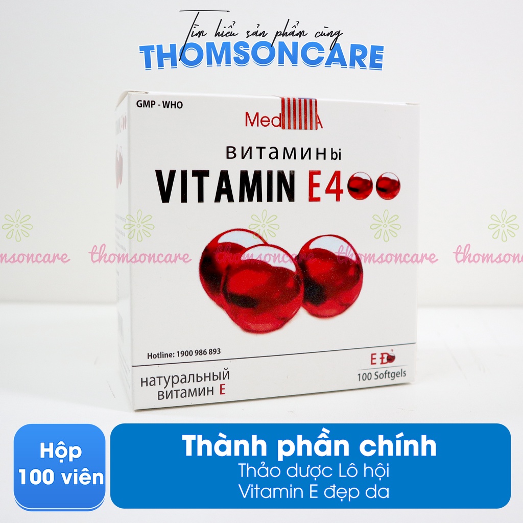 Bổ sung Vitamin E đỏ 400 IU, hỗ trợ làm đẹp da, ngăn ngừa lão hóa, có thêm lô hội, tương tự E đỏ Nga Hộp 100 viên