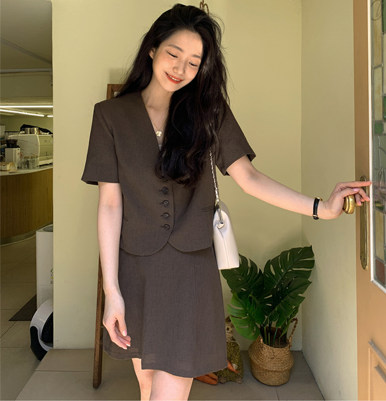 Set Áo Khoác Blazer Form Rộng + Chân Váy Lưng Cao Màu Trơn Phong Cách Retro Hàn Quốc