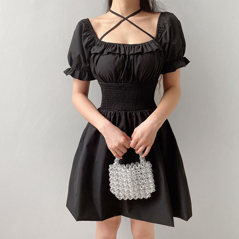 Palace Style Pleated Waist Tight Square Collar Black Dress Cross Lace up Slimming Puff Sleeve Dress Women's High WaistAWord Skirt【3Month18Day After】 | BigBuy360 - bigbuy360.vn
