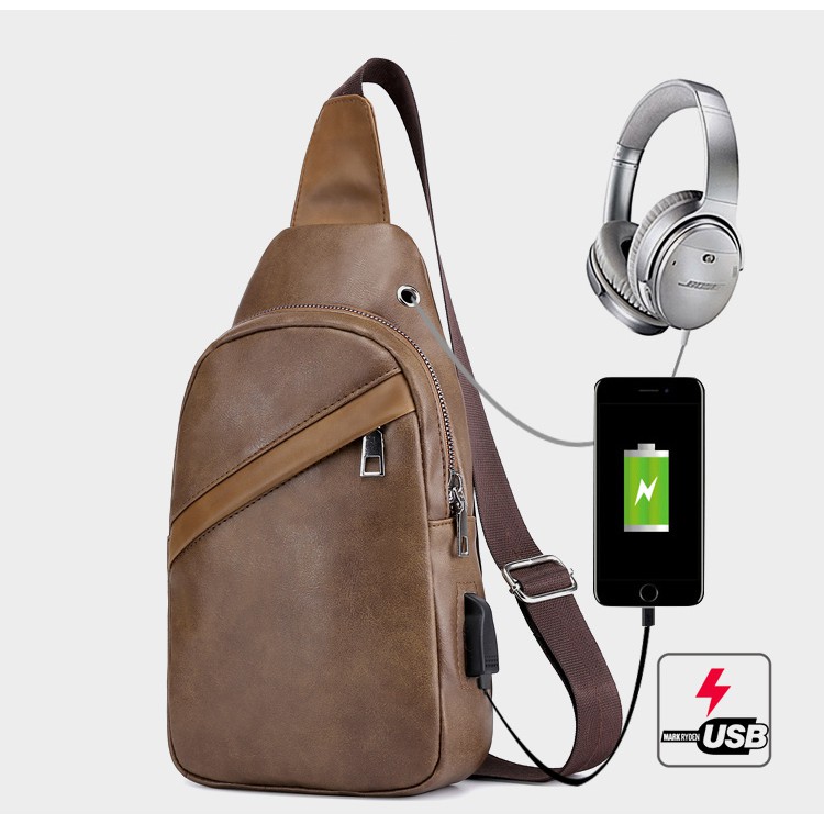 Túi đeo chéo nam da cao cấp có cổng sạc USB và lỗ tai nghe thời trang