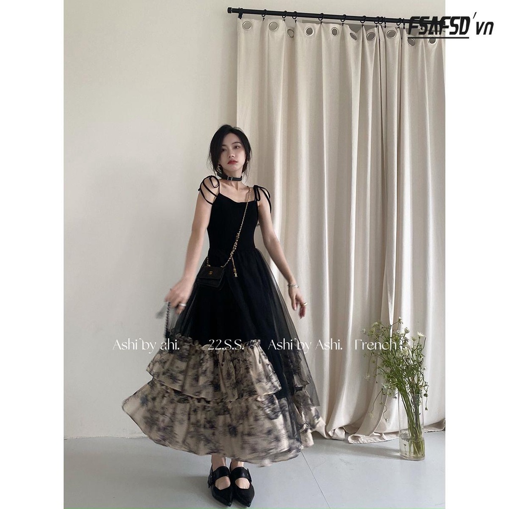 Đầm Hai Dây Màu Đen Phong Cách Retro Quyến Rũ Cho Nữ