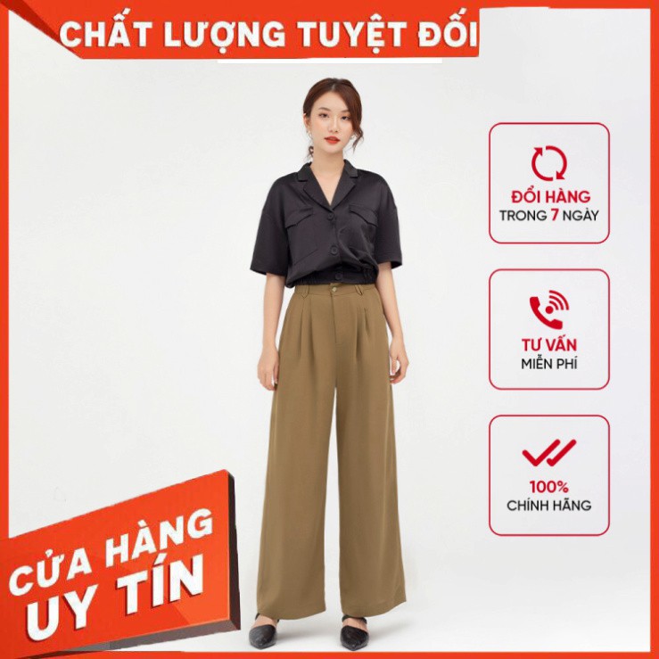 Quần tây nữ ống rộng xếp ly GUMAC màu nâu trơn thanh lịch QB585 - Hàng nhập khẩu