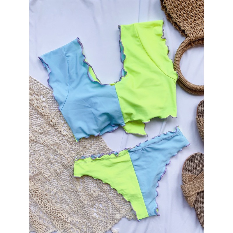 [BKN997] &lt;ÂU&gt; SET BIKINI XANH NEON MIX XANH BLUE NƠ NGỰC