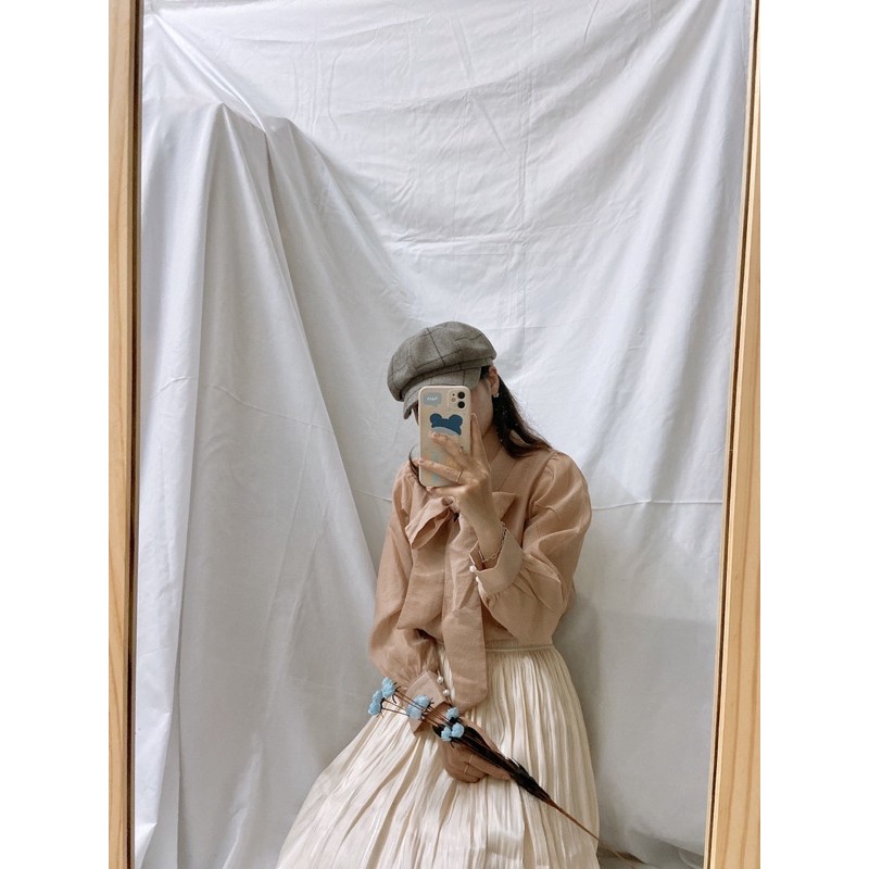 SẴN | Áo sơ mi tiểu thư phối nơ dài tay