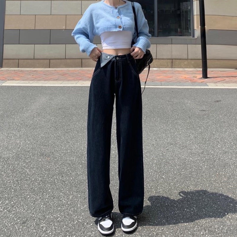 Quần jeans nữ lưng cao ống suông form rộng phối tam giác phong cách Hàn Quốc năng động đi học đi chơi hàng QC loại 1