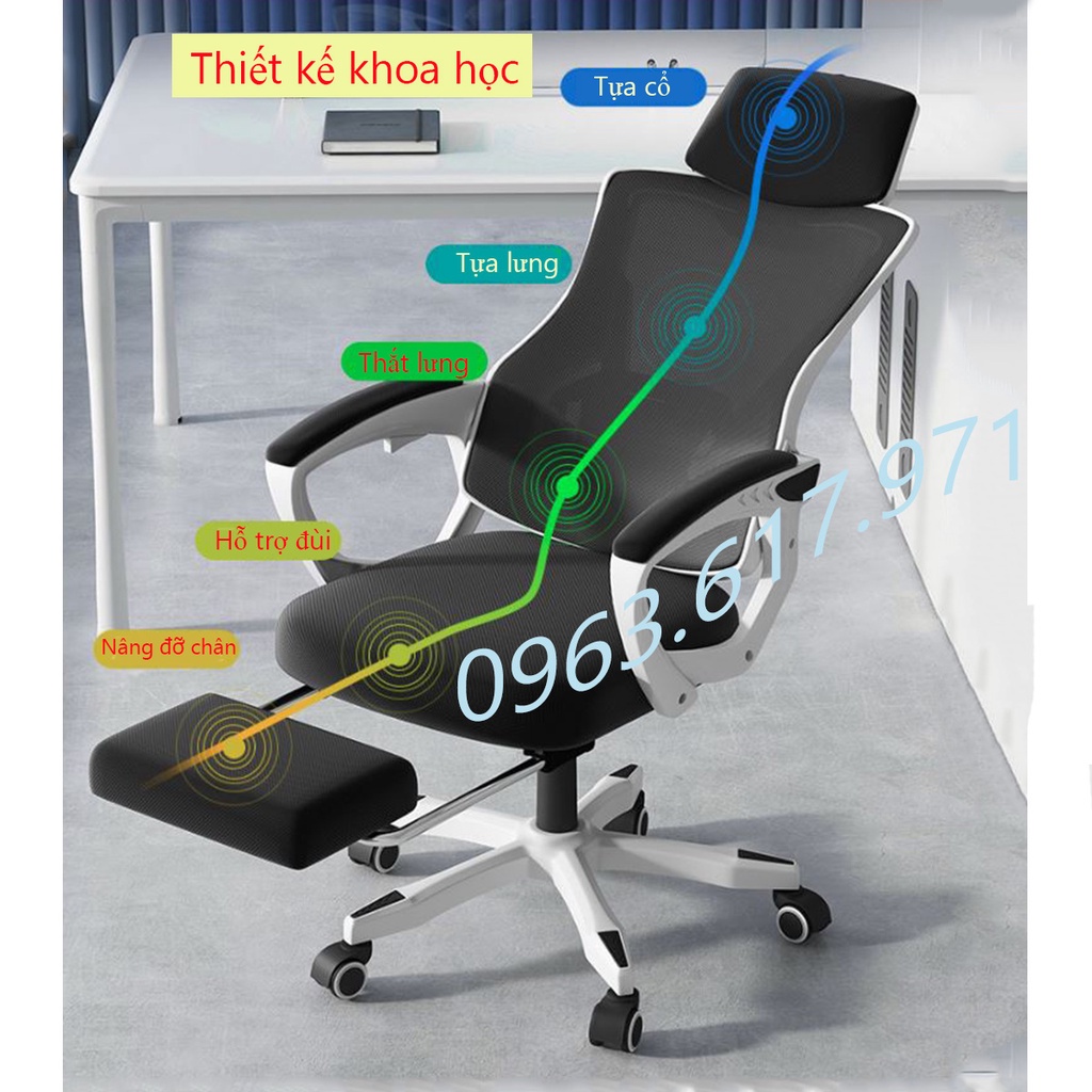 Ghế Xoay Văn Phòng 2 in 1, Ghế ERGONOMIC, Tựa Đầu 3D, Lưng ghế có thể ngả 145°, Tay Vịn cánh cung,  Bảo Vệ Cột Sống Lưng