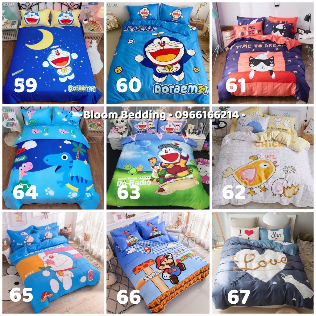 (65 Mẫu) Set Chăn Ga Gối Cotton Yumi 4 Món Cho Bé - Doremon / Siêu nhân / Công chúa / Peppa / Hello Kitty / Người máy