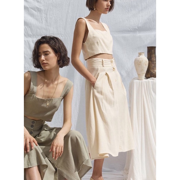 Giảm 50% Set Linen chân váy nẹp cúc gỗ