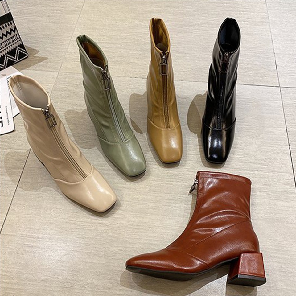 Giày Bốt (Boots) Da, gót vuông khoá kéo trước phong cách Hàn Quốc mới nhất | BigBuy360 - bigbuy360.vn