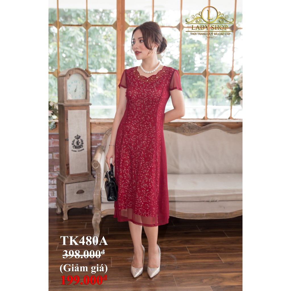 VÁY QUÝ BÀ TRUNG NIÊN CAO CẤP - LADYSHOP - Đầm 2 lớp xanh hoa dâm bụt cổ đá TK480 | BigBuy360 - bigbuy360.vn