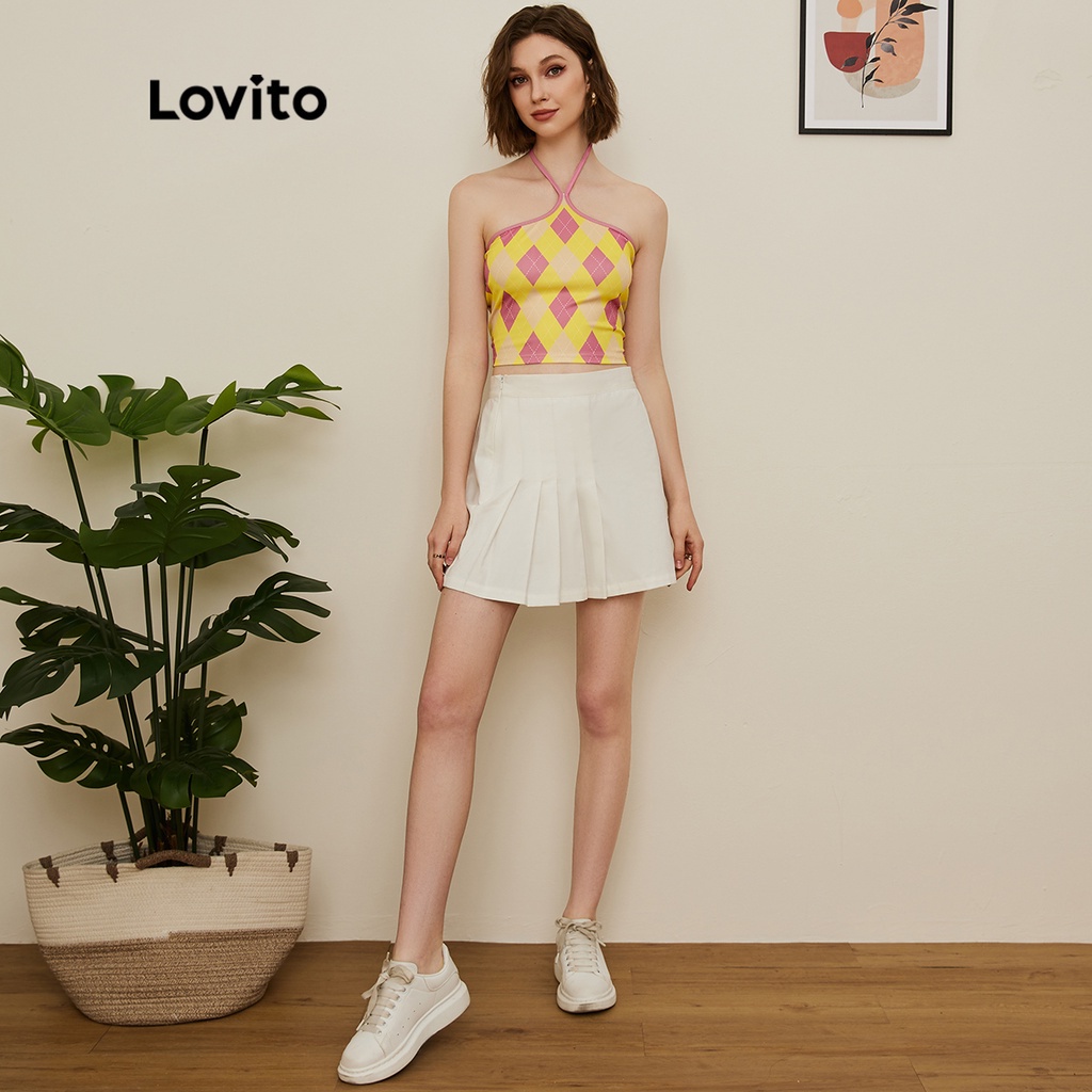 Áo tank top Lovito trễ vai họa tiết hình học thiết kế kiểu cột dây phong cách preppy L19E001 (Màu vàng)