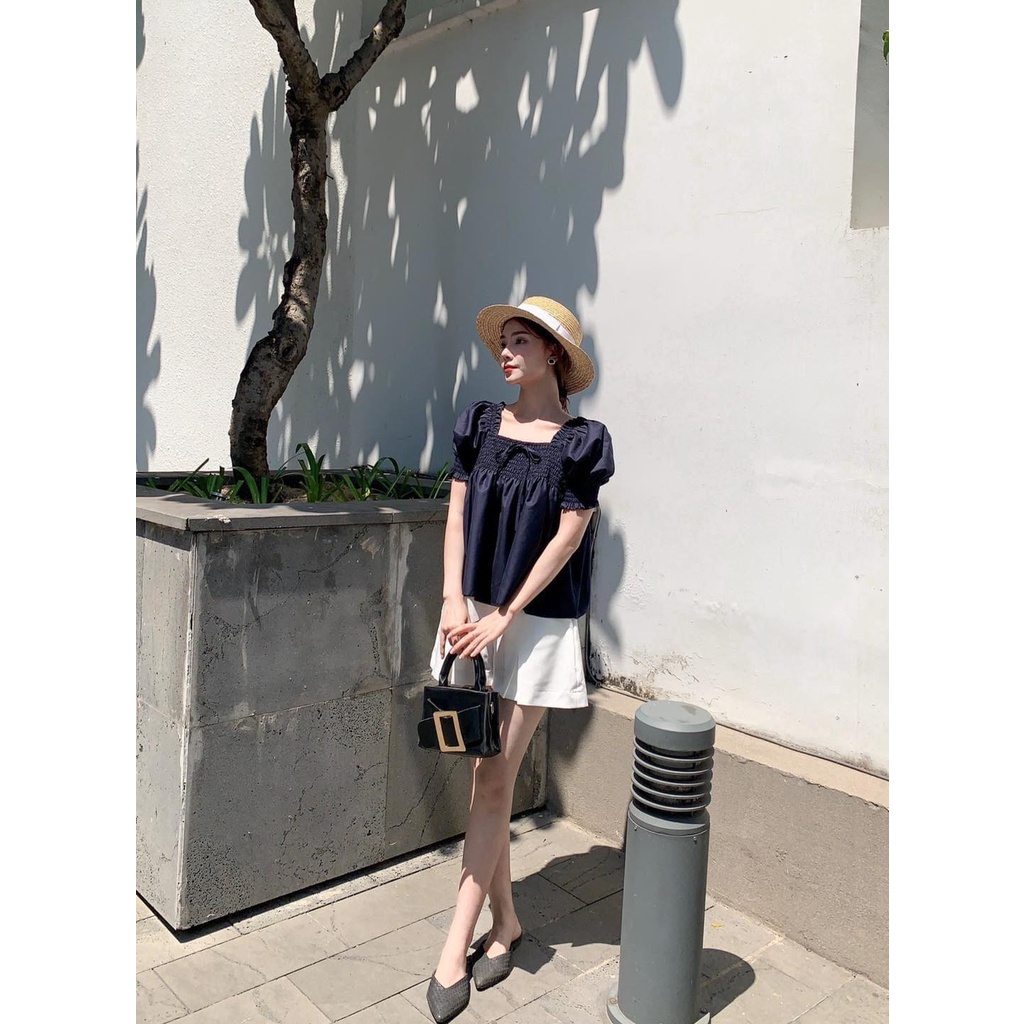 TUBYCATU | Áo off shouder xanh đen chạy thun