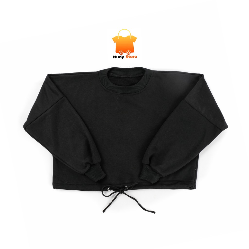 Nudy CREW NECK Áo len lửng dài tay dáng rộng màu trơn cao cấp cho nữ