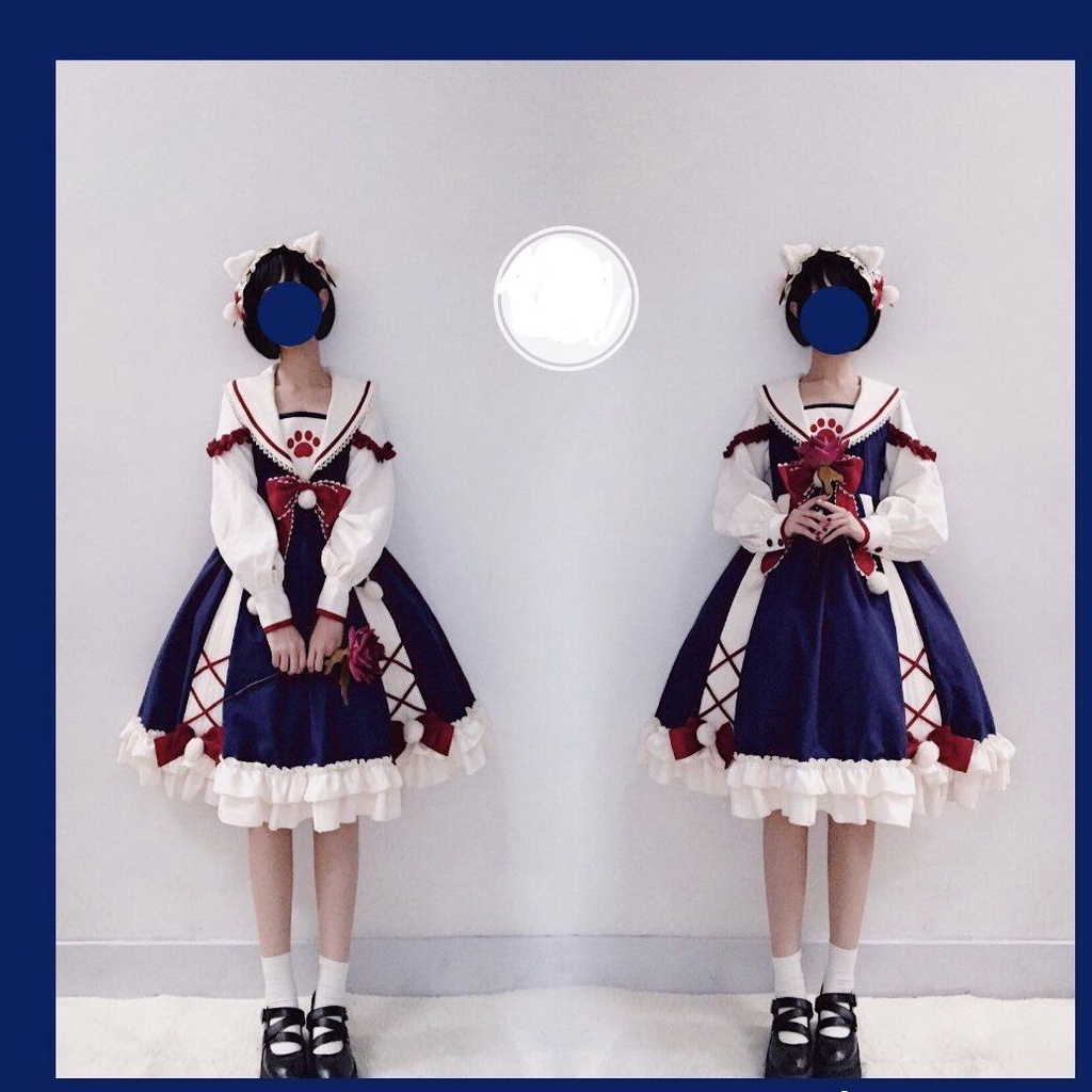 Đầm lolita màu trơn mềm mại in hình dấu chân mèo đáng yêu cho nữ