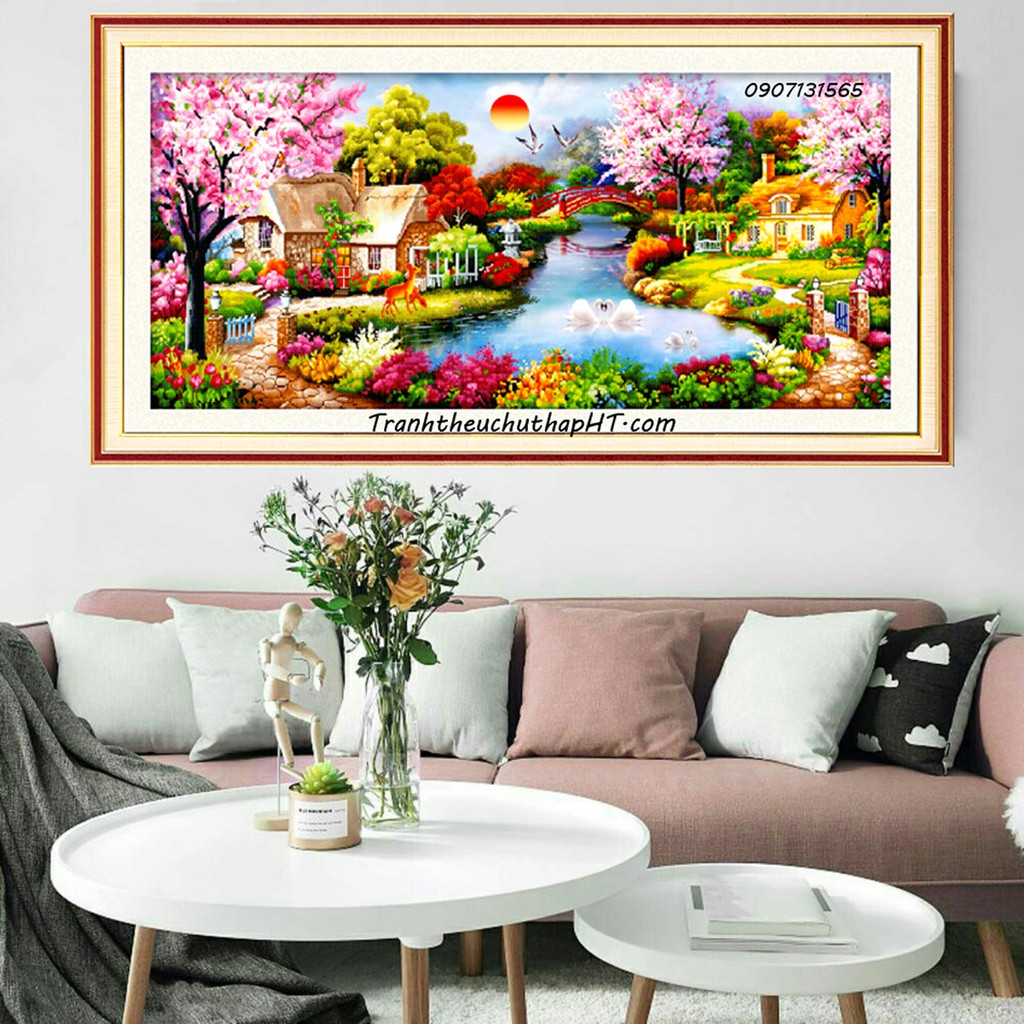 Tranh thêu chữ thập Phong cảnh mùa xuân LV3007:84*43cm - tự thêu