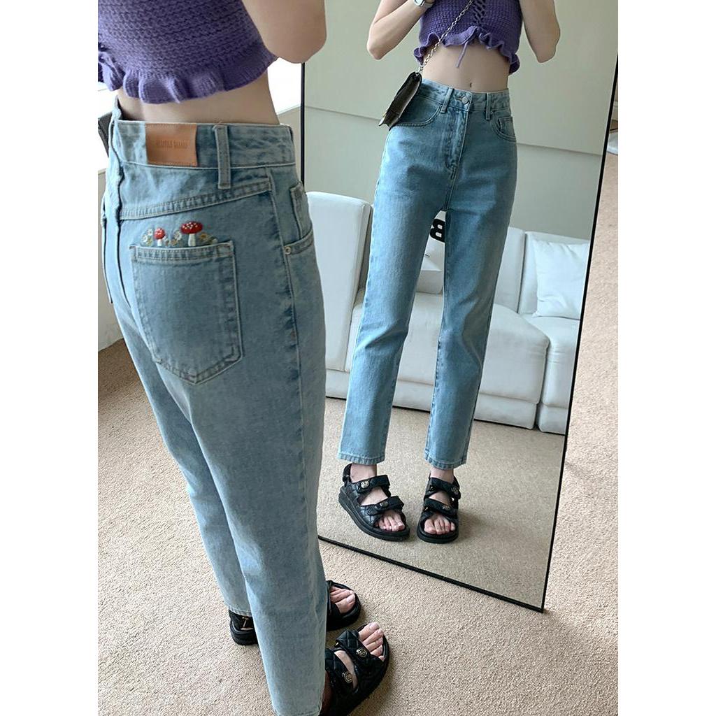 Quần Denim Ống Suông Lưng Cao Thêu Hình Nấm Phong Cách Mới Mùa Hè 52328