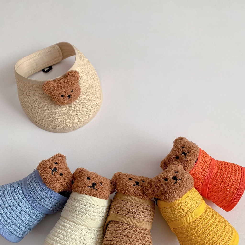 Mũ che nắng hở chóp bằng sợi rơm hình gấu dễ thương có thể gấp gọn thời trang mùa hè cho trẻ em