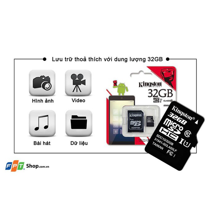 Thẻ nhớ Micro SD 32Gb Kingston class 10 Hàng chính hãng 100%