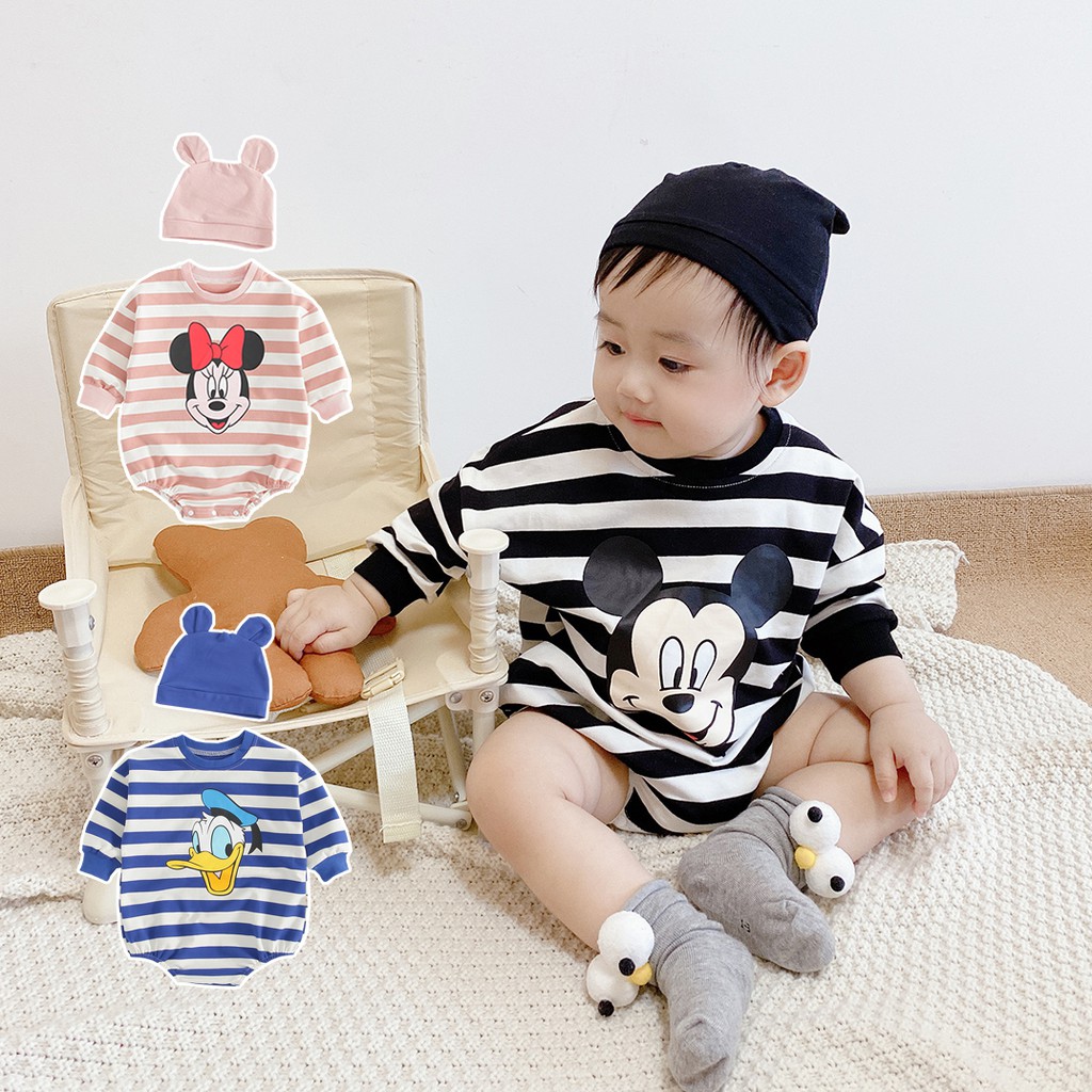 Set 2 Món Áo Liền Quần + Nón Vải Cotton Họa Tiết Sọc Ngang Xinh Xắn Dành Cho Bé