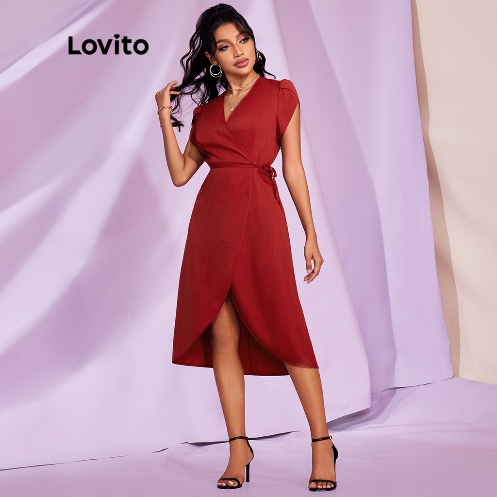 106DP-váy (Lovito Exclusive) STIPPLING WORLD Dây quấn cổ chữ V trơn Tao nhã L28LE024 (Đỏ tía)