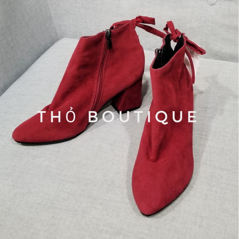 Giày bốt cao gót CARE nhung đỏ đô cột nơ sau gót vuông 6cm size 36-37