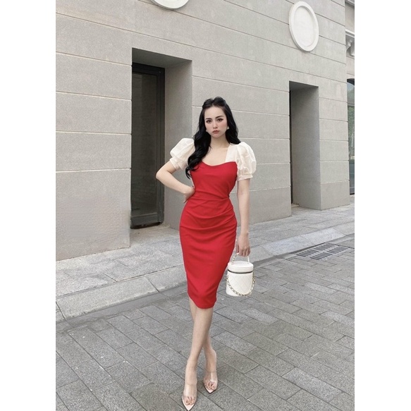 Đầm sang chảnh ôm body thiết kế cổ vuông tay bồng kín đáo, lịch sự | BigBuy360 - bigbuy360.vn