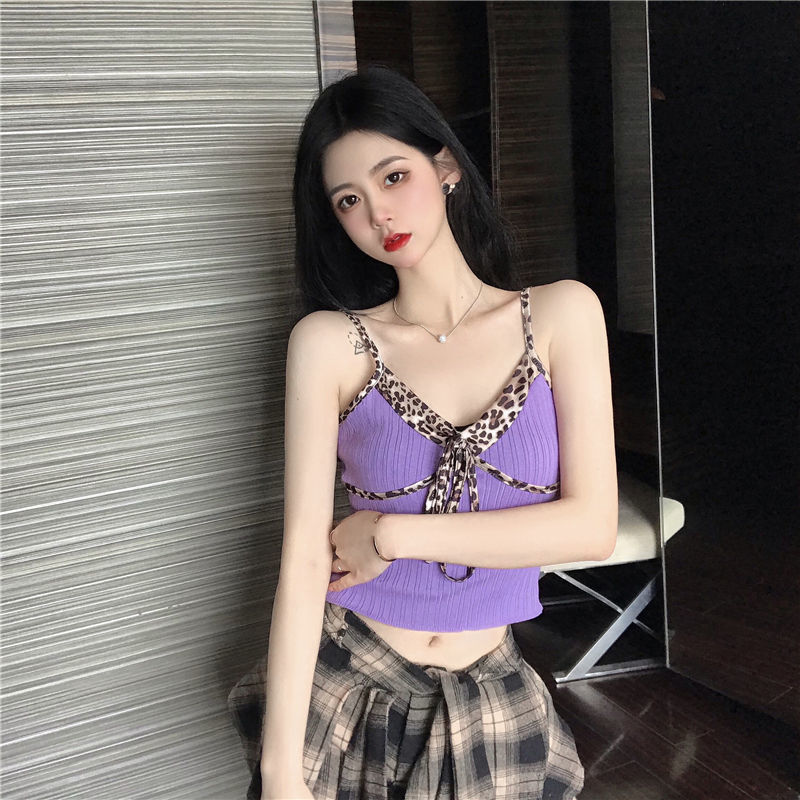 Áo Hai Dây Dệt Kim Cổ Chữ V In Họa Tiết Da Báo Thời Trang Mùa Hè Cho Nữ