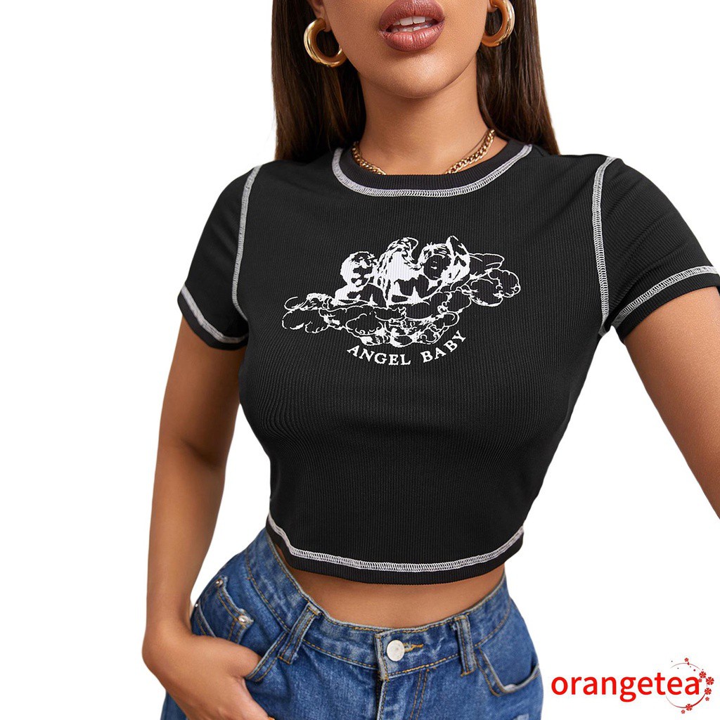 Áo Thun Croptop Tay Ngắn Cổ Tròn In Hình Thiên Thần Nhỏ Phối Màu Tương Phản Cho Nữ