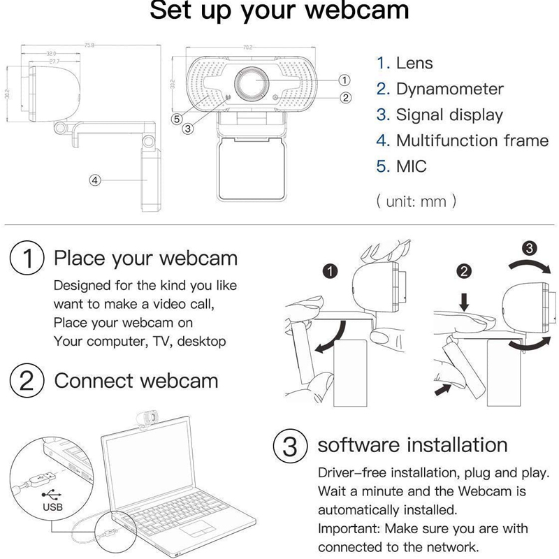 Webcam KCO KW88 mini độ phân giải 1080p HD tích hợp mic điều chỉnh góc rộng 90 độ cho laptop/máy tính bàn để bàn/video