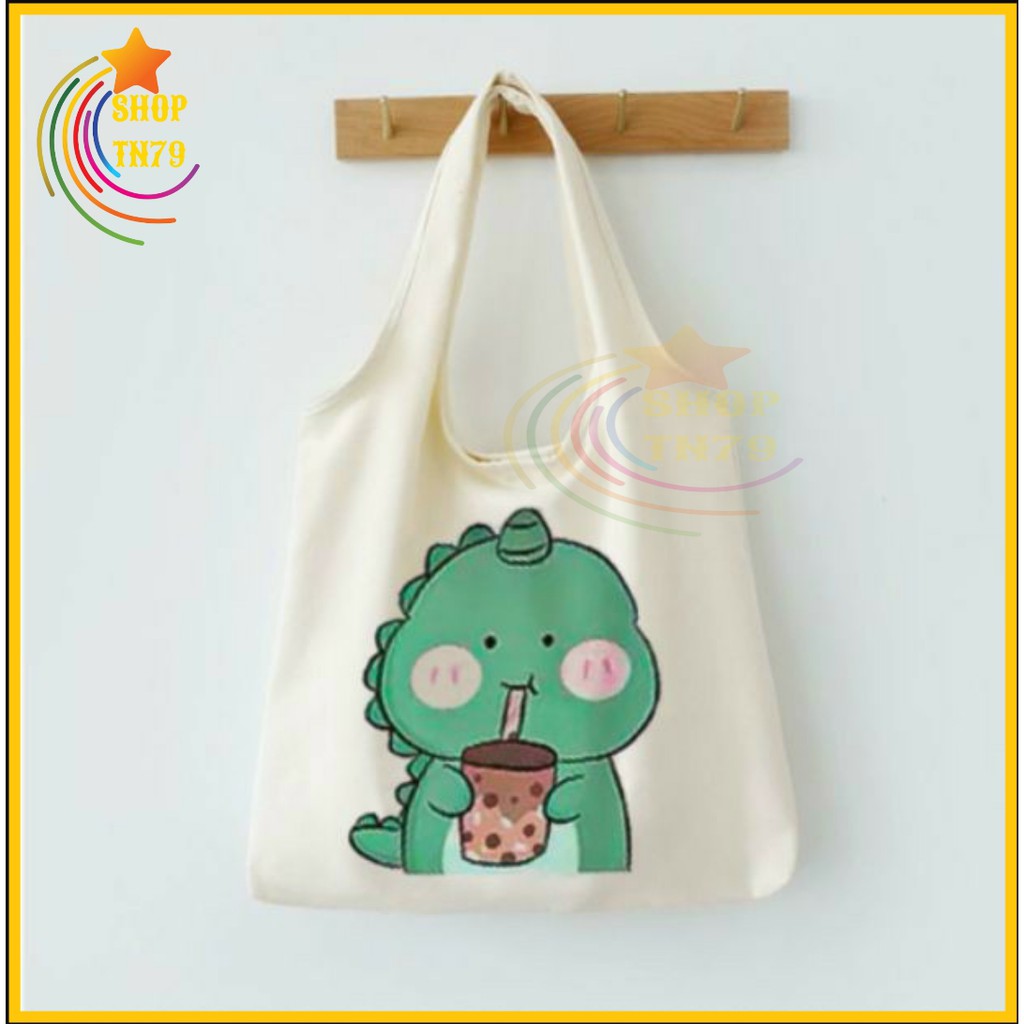 Túi đeo vai thời trang vải canvas mềm loại to đi hoc , đi chơi , đi làm đều rất đẹp - KHỦNG LONG UỐNG TRÀ SƯA