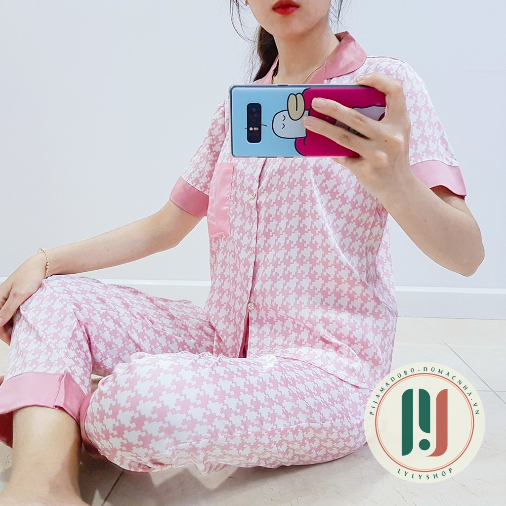 [HOÀN XU + MIỄN SHIP] Đồ bộ pijama, Đồ bộ nữ cao cấp mặc nhà họa tiết răng sói đáp túi lụa Latin mềm mịn, thoáng mát