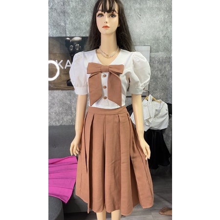 Sét hai món áo nơ chân váy dài dập li