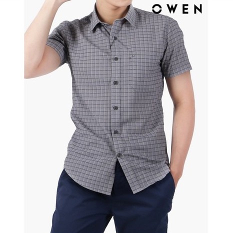 OWEN - Áo sơ mi ngắn tay Owen Regular fit chất sợi tre kẻ ca rô xám 22539